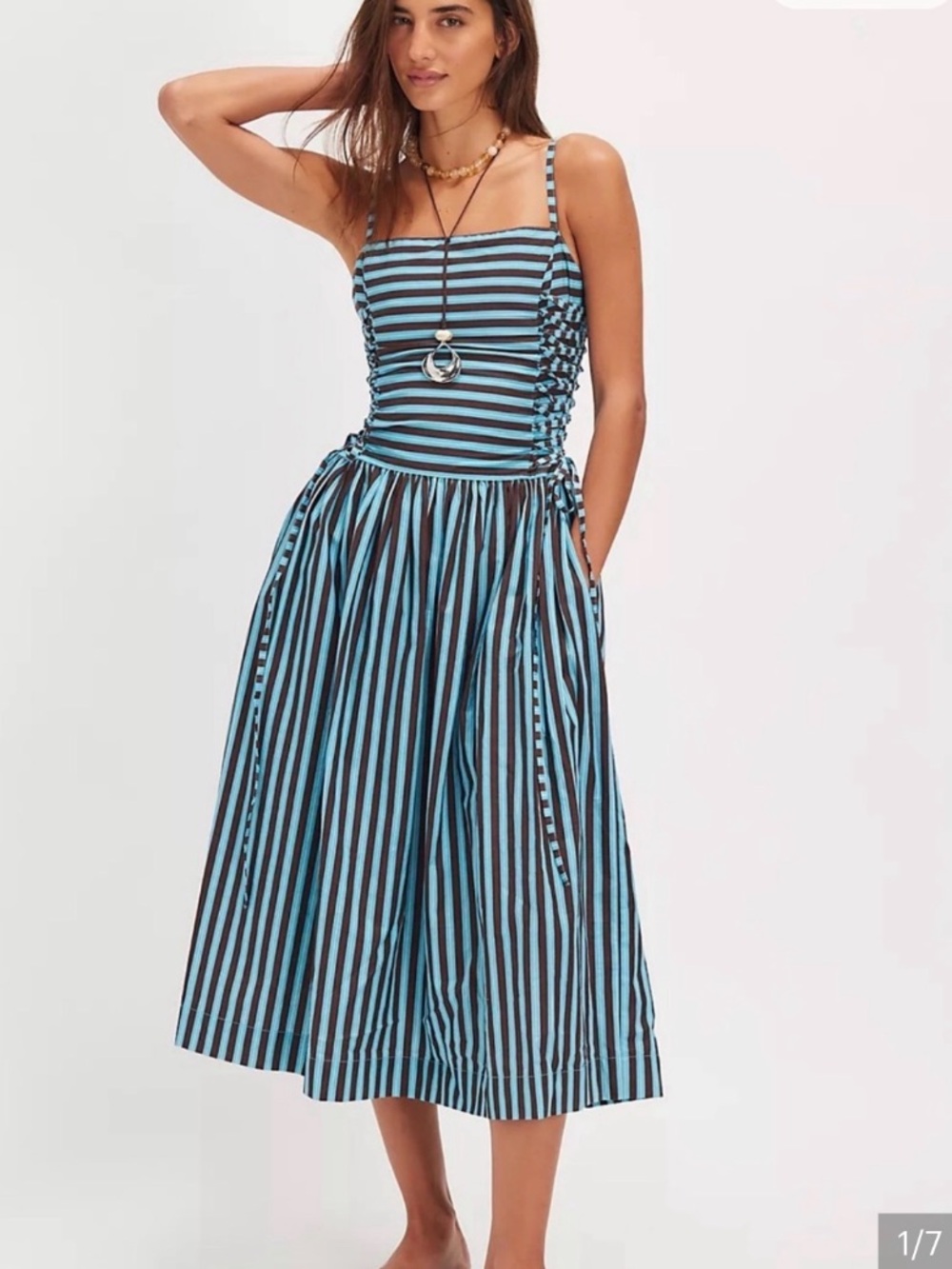 Damson Madder 🐦 Striped Midi Dress in Blue and Brown